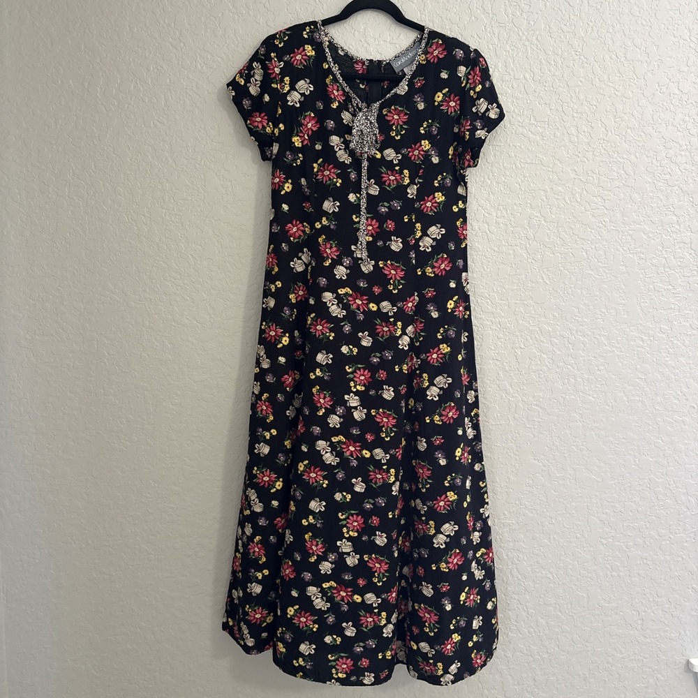 Women M/L Vintage Dress Maxi Floral Short Sleeve 90s Feminine Garden Coquette - Picture 9 of 15